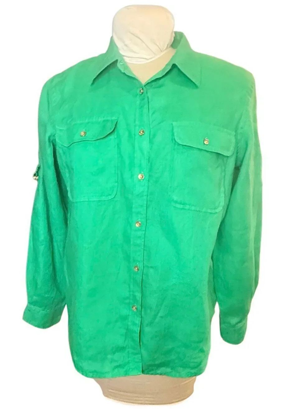 Lauren Ralph Lauren 100% Linen Shirt Large Green Roll-Tab Sleeve Utility Camp Sa
